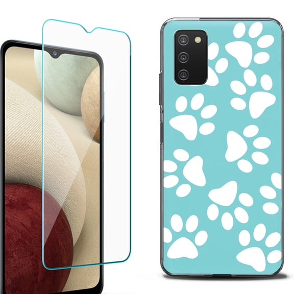 Slim-Fit Protective Fashion Phone Case (Black) for Samsung Galaxy A03s, with Tempered Glass Screen Protector, by OneToughShield ® - Pet Paw / Teal