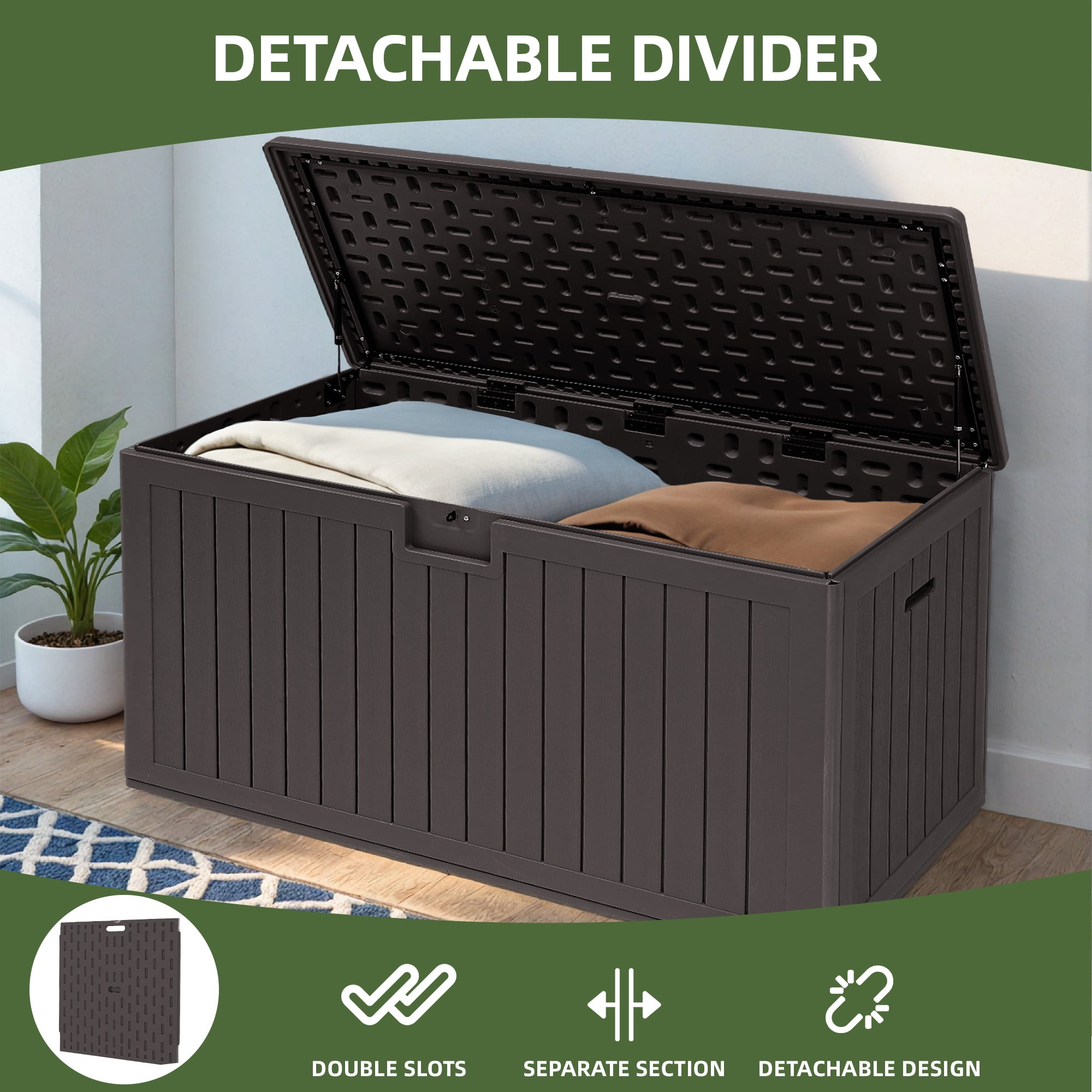 Uforic 180 Gallon Extra Large Outdoor Deck Box, Double-Wall Resin Storage Box with Flexible Divider, Lockable,‎Weatherproof,Brown