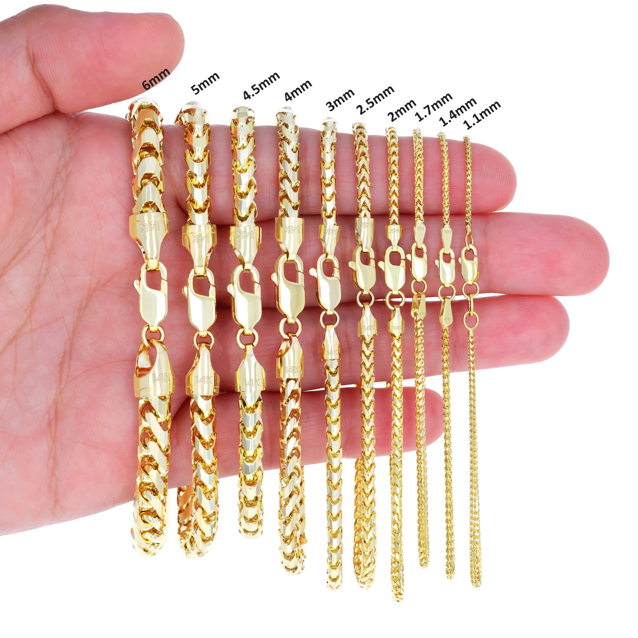 Nuragold 14K Real Yellow Gold Solid Franco Diamond Cut Chain Bracelet 7"-9" (1.1mm-6mm) Italian Jewelry for Men & Women