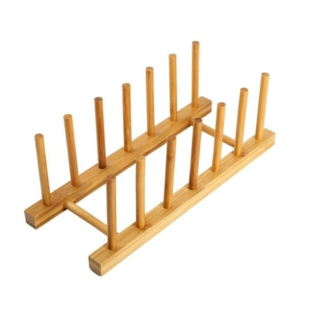 Plate Storage Rack - 2Pcs Bamboo Dish Drying Rack, Plate Drainer Rack Storage Lid Holder, Stand Kitchen Cabinet Organizer for Dish, Plate, Bowl, Cup, Pot Lid, Book