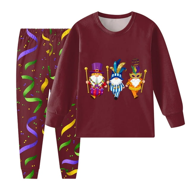 Huesdet Toddler Children Long Sleeved And Trouser Length Set Comfortable Soft Stylish Carnival Print Pajama Set(8-9 Years,Wine)