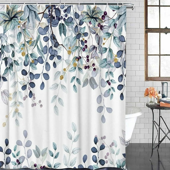 Blue Eucalyptus Shower Curtain Waterproof Watercolor Plant Leaves Floral Shower Curtain for Bathroom,Bathtub,Shower, Blue Green Leaves Botanical Shower Curtain Set with Hooks 72x72 Inch