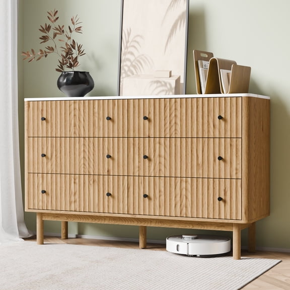 Fluted 6 Drawers Dresser for Bedroom, 54" Wide Modern Chest of Drawers with Faux Marble Top, Curved Profile Design, Solid Wood Legs, Dresser TV Stand, Storage Organizer for Bedroom, Living Room