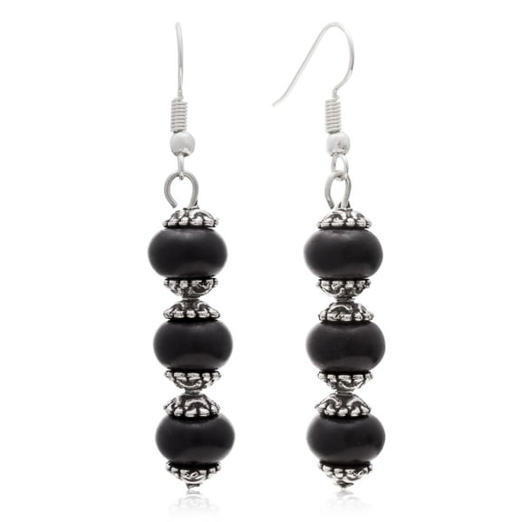 SuperJeweler Black Onyx Earrings for Women, 3 Stone Dangle Earrings, 2"