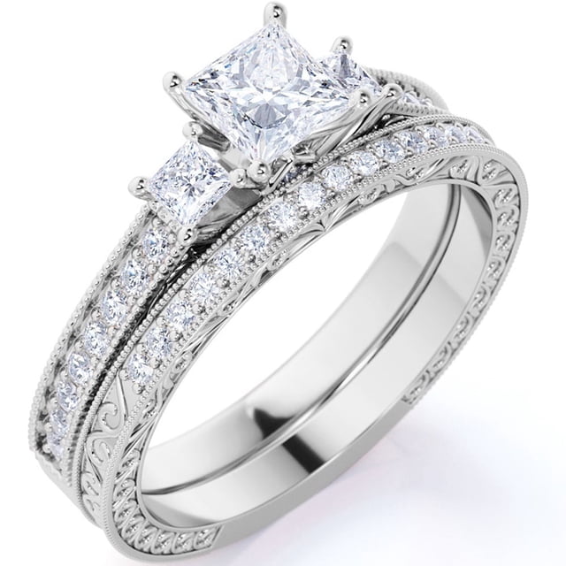 JeenMata Hermoso Anillo de Bodas de Moissanita Real de 1,25 Quilates Engastado en Oro Blanco de 18 K sobre Plata