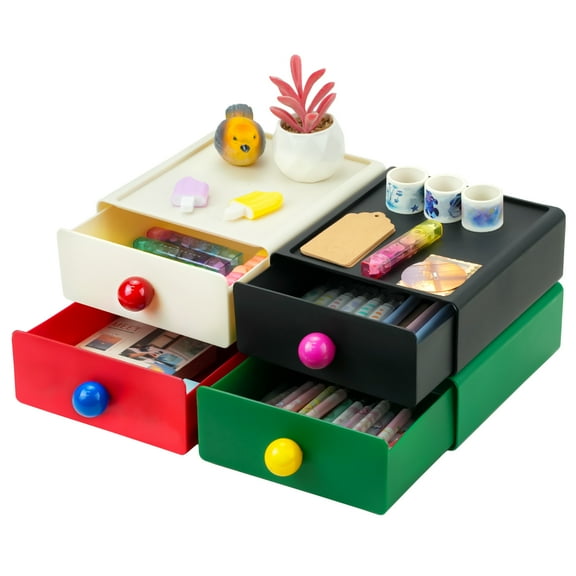 4Pcs Colorful Desk Organizer, Stackable Desktop Storage Box with Drawer, Large Desk Drawer Organizer with Cute Handle, Plastic Makeup Storage Drawer, Desk Organizer and Accessories for Home Office