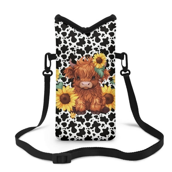 Xoenoiee Mobile Phone Protection Case Bag Neoprene Cellphone Lightweight Sleeve Pouch Phone Bag with Adjustable Crossbody Strap, 4 X 8 Inch, Highland Cow Sunflower Cow Pattern