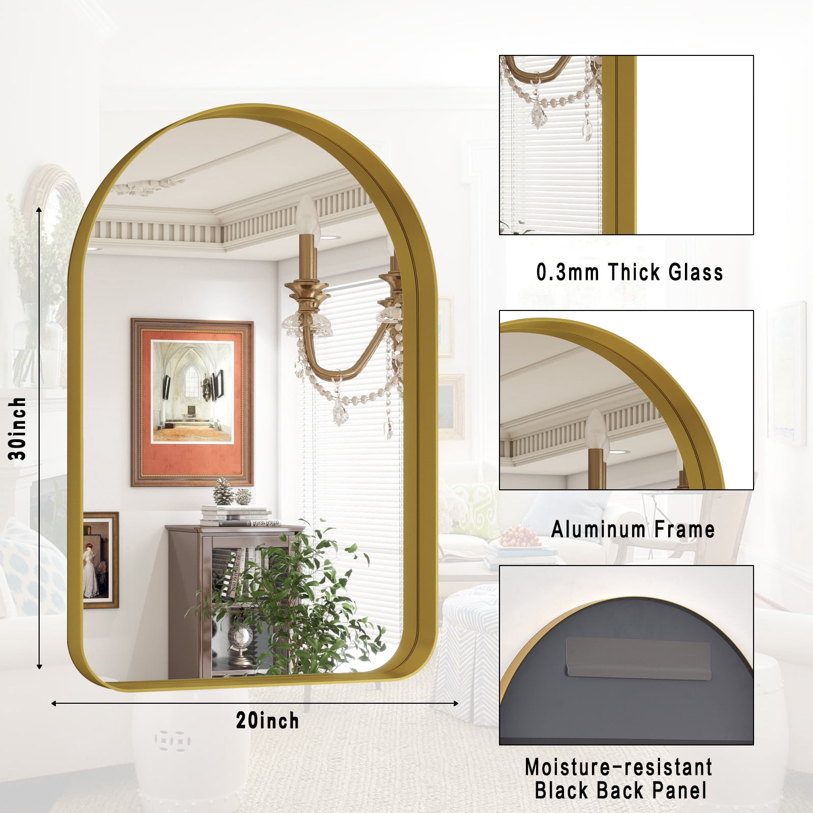 Gleamira 20"x30" Arch-Top Bathroom Mirror Deep Metal Frame Wall-Mounted Mirror , Gold