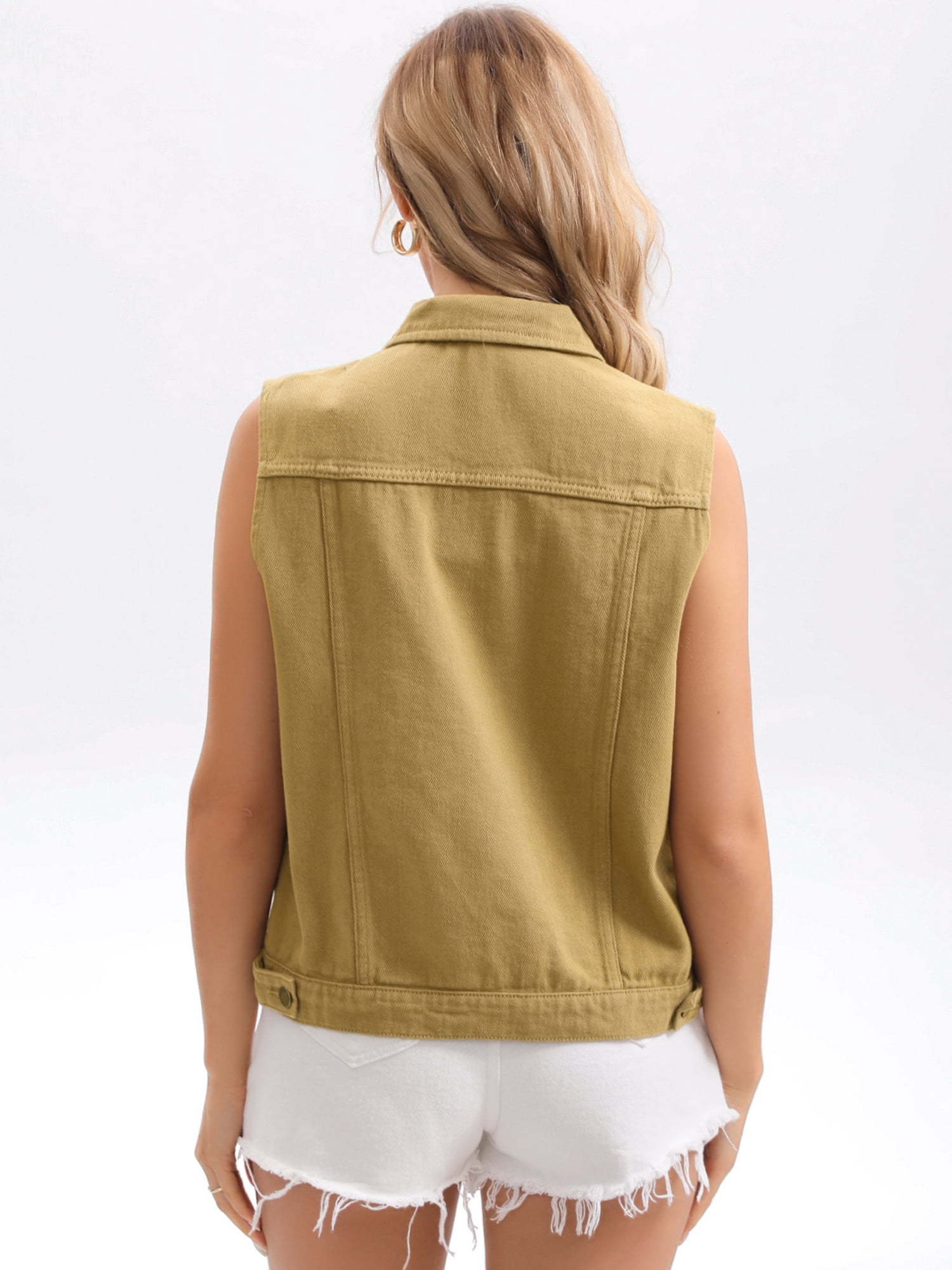 DARING DIVA Womens Denim Vest Button Down Jacket Sleeveless Jean Jacket XL Khaki