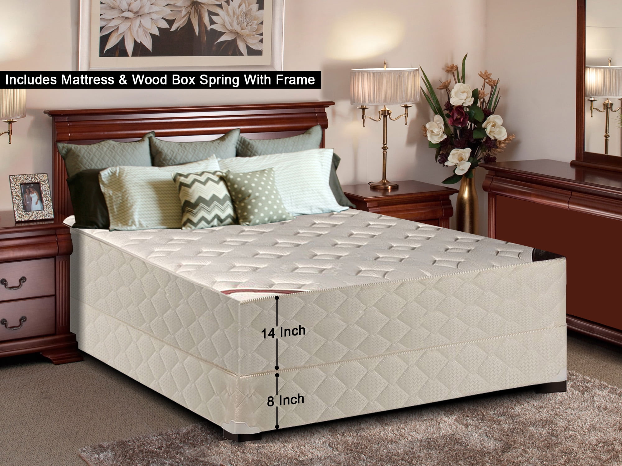 WAYTON, 14-Inch Firm Double sided Tight top Innerspring Mattress And Wood Traditional Box Spring/Foundation Set With Frame, No Assembly Required, Good For The Back, Twin Size 74' x 38'