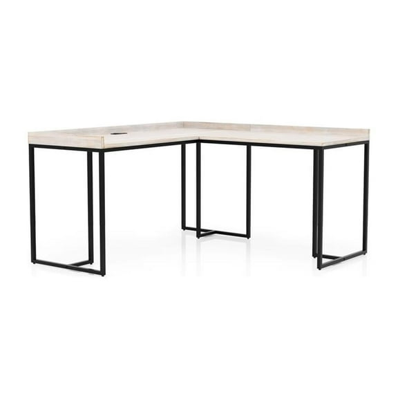 Pemberly Row Wood Corner Computer Desk with USB in Antique White/Black