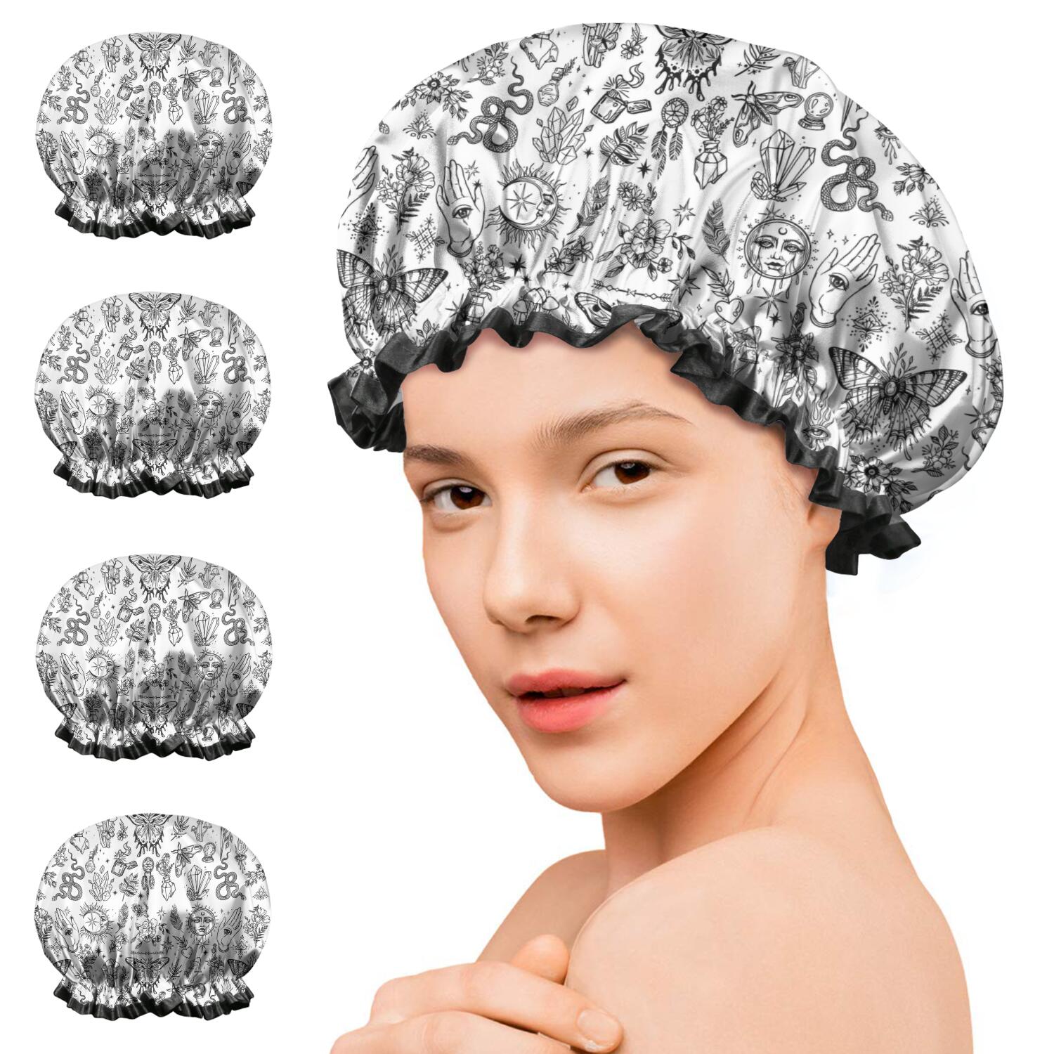 Shower Caps,White Gothic Hand Butterfly Pattern Waterproof Shower Cap for Women 4 Pieces,Double Reusable Hair Cover for Shower PEVA Elastic Stretch Hem