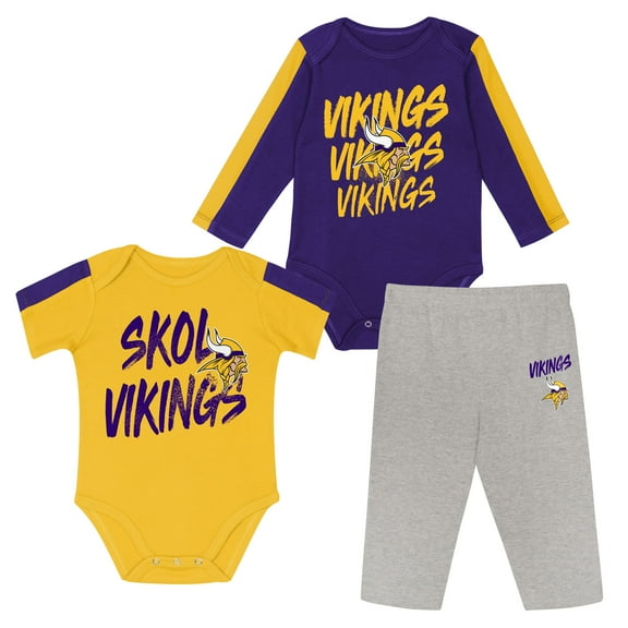 Infant Outerstuff Purple/Gold Minnesota Vikings Double Down Bodysuits and Pants 3-Piece Set
