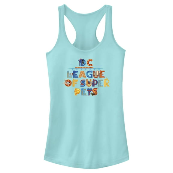 Junior's DC League of Super-Pets Colorful Logo  Racerback Tank Top Cancun Medium