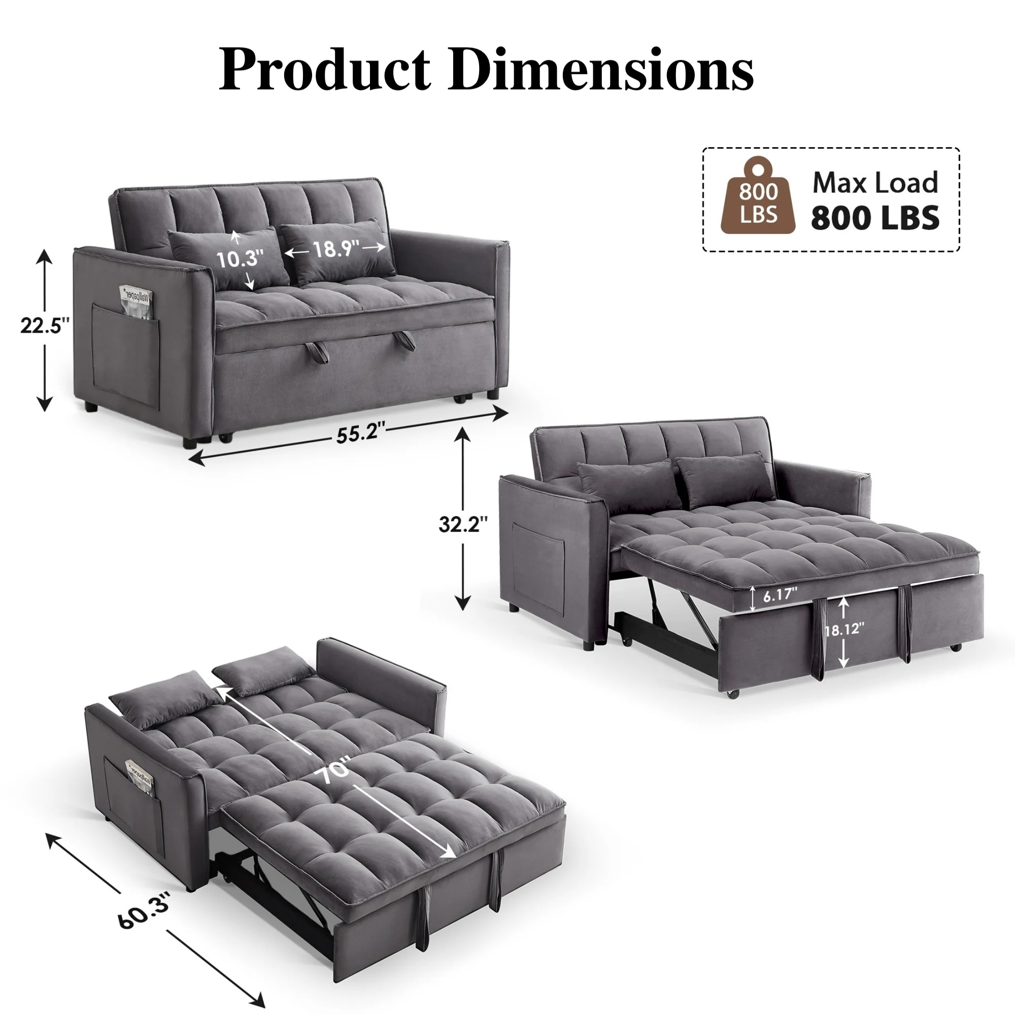 3 in 1 Sleeper Sofa Bed, 55" Convertible Pull Out Couch with Adjustable Backrest, Velvet Loveseat Sofa with Side Pockets for Living Room, Bedroom, Apartment, and Small Space (Dark Gray)