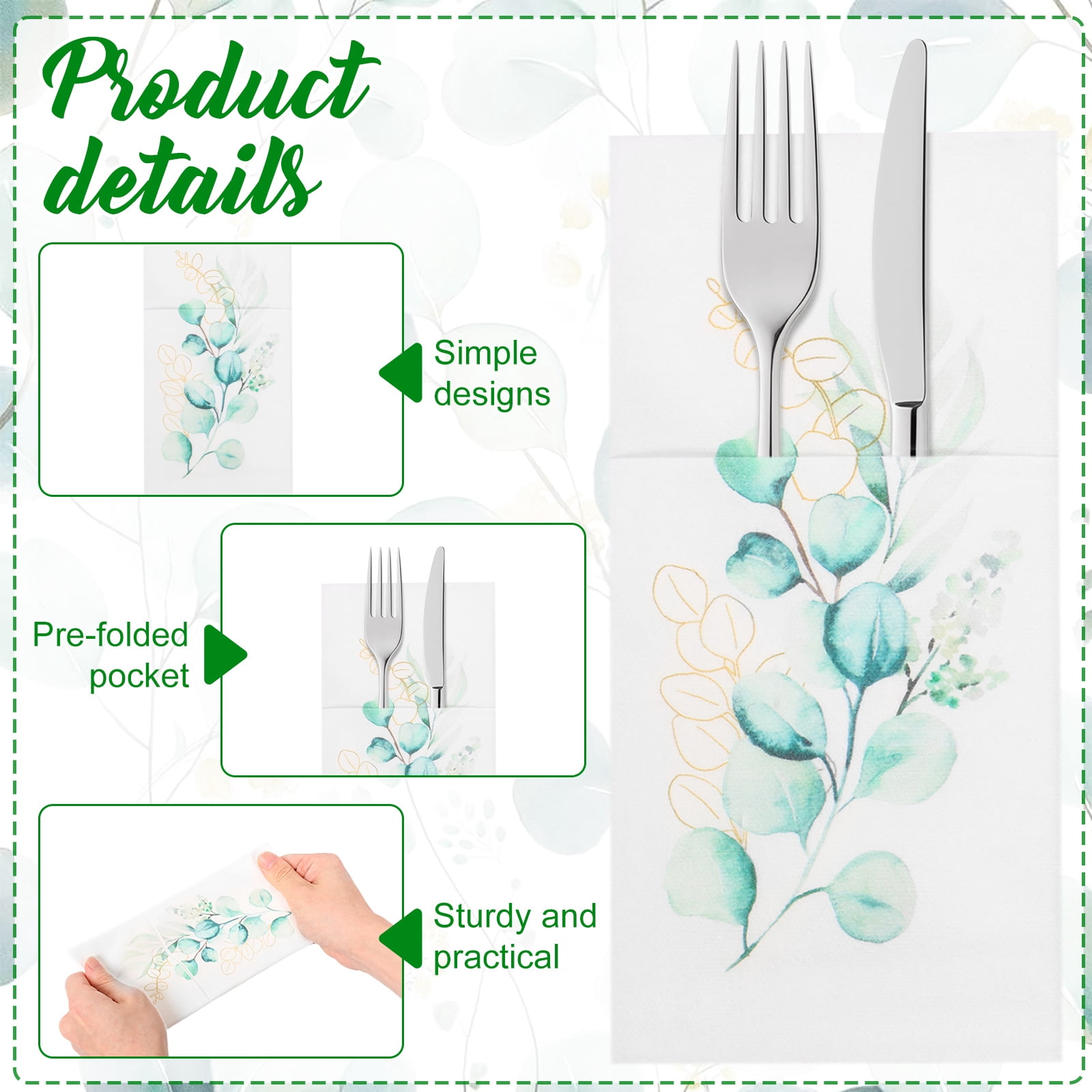 Atopoler 50Pcs Flower Pattern Paper Napkins,Safe Multipurpose Linen Feel Napkins with Flatware Pocket for Wedding Baby Shower Birthday Party,Style 1