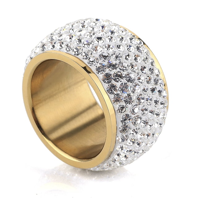 Anillo de Acero Inoxidable Ocean Heart D12-13-03 Talla 8 Color Amarillo con Incrustaciones de Cristales Blancos