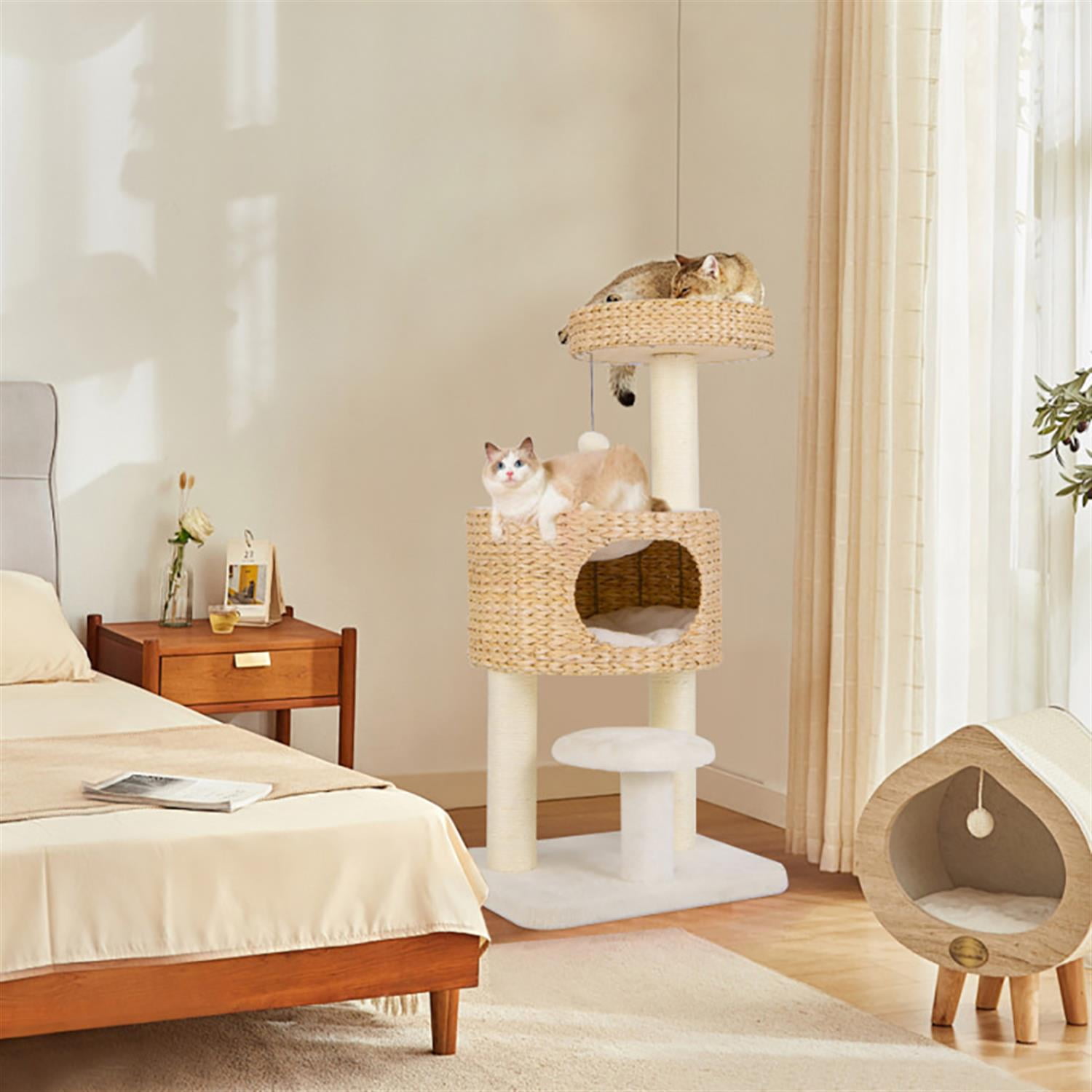 Kadyn 41" Modern Cat Tree with Toy, Cat Tower Condo for Indoor Cats with Cattail Fluff Condos, Sisal Scratching Posts and Top Perch, Beige