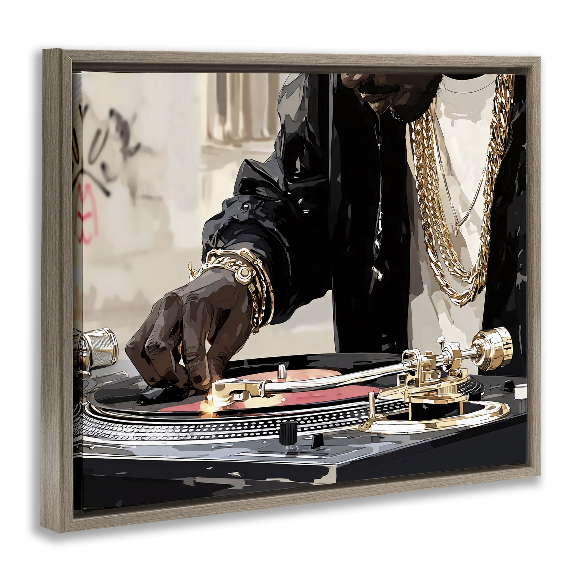 Stupell Industries Golden Touch on DJ's Turntable Brown Framed Floater Canvas Wall Art, design by Franklyn Gregory