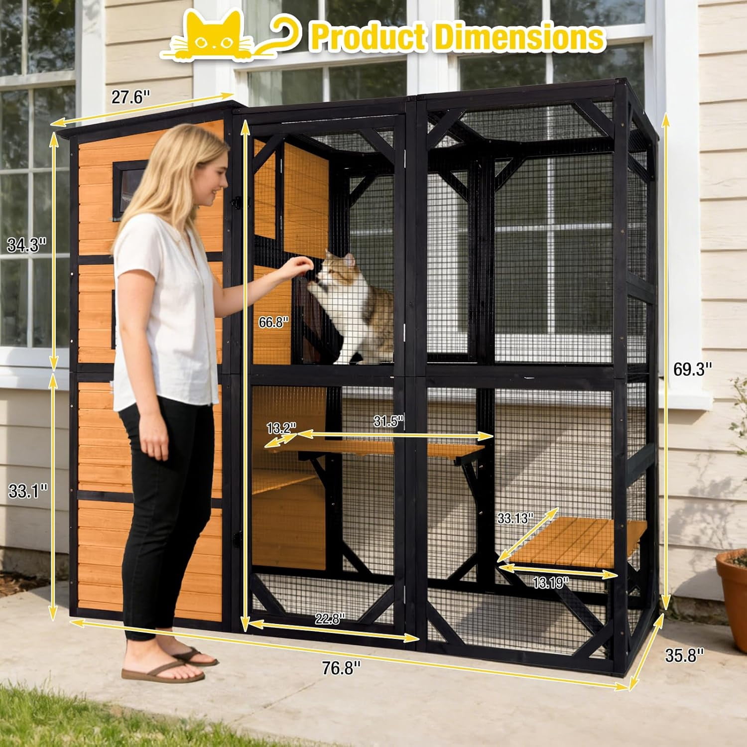 Aivituvin 77" Tall Catio Outdoor Cat Enclosure, Large Wooden Cat House with Waterproof Roof & 3-Tier Platforms, Walk-in Outside Cat Patio with Connectable Window Door for Multiple Cats (Orange)