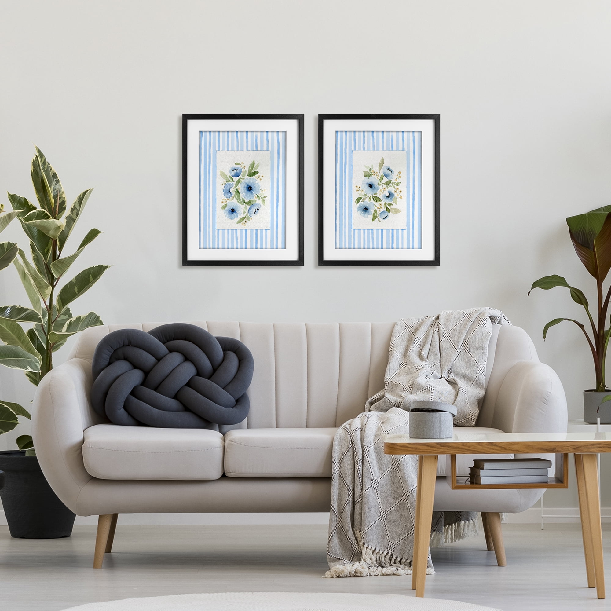 Stupell Industries Blue Flowers with Stripe Border 2 Piece Black Framed Print Under Glass Set, design by Leah Noel Art