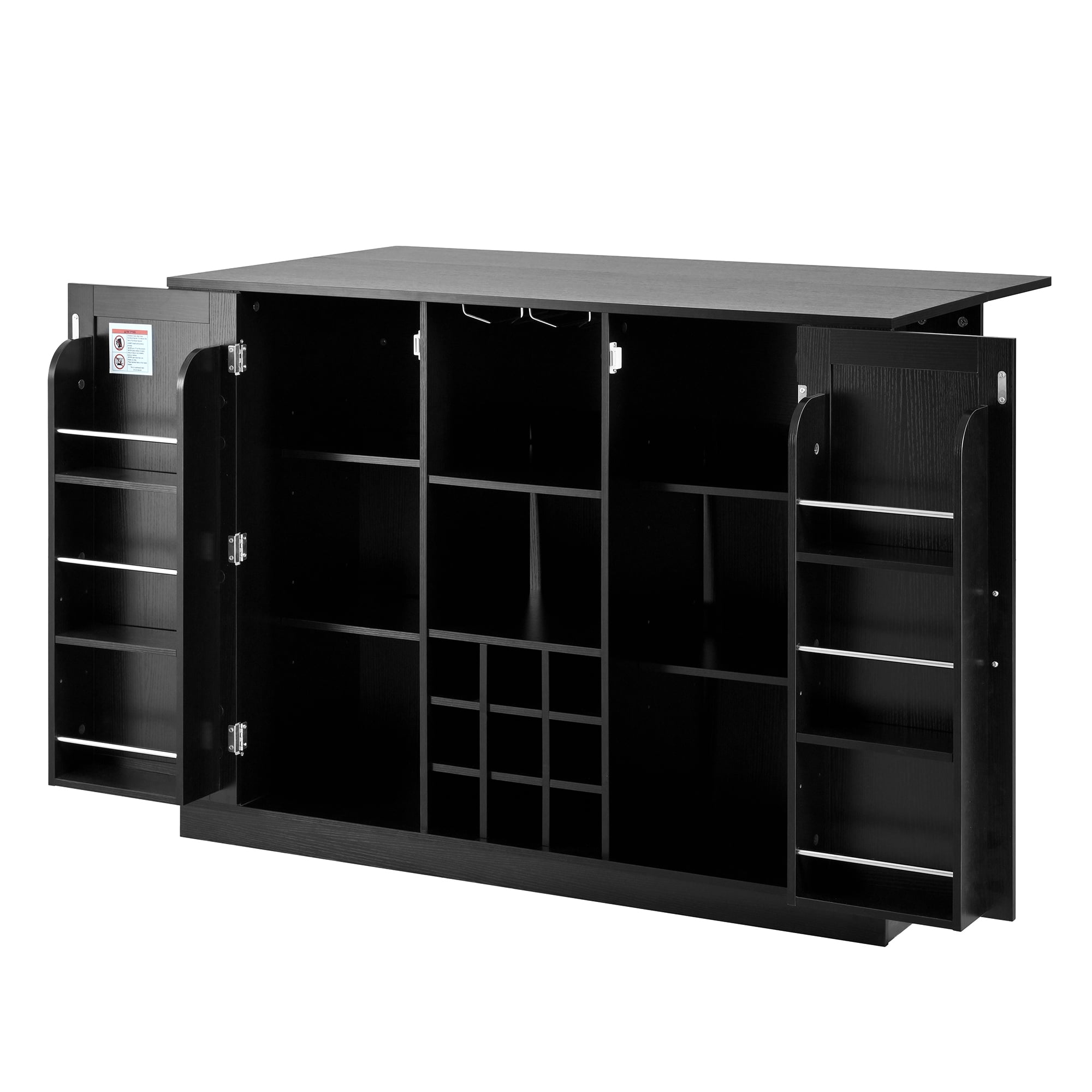 47.2-Inch Counter Height Kitchen Island with Foldable Drop Leaf Tabletop, Sideboard Buffet Cabinet with Wine Rack and Glass Holder, Bar Cabinet with Storage for Dining Room, Black