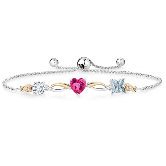 Gem Stone King Keren Hanan 1.80 Ct E-F Lab Grown Diamond Pink Created Sapphire 925 Silver and 10K Yellow Gold Bracelet for Women