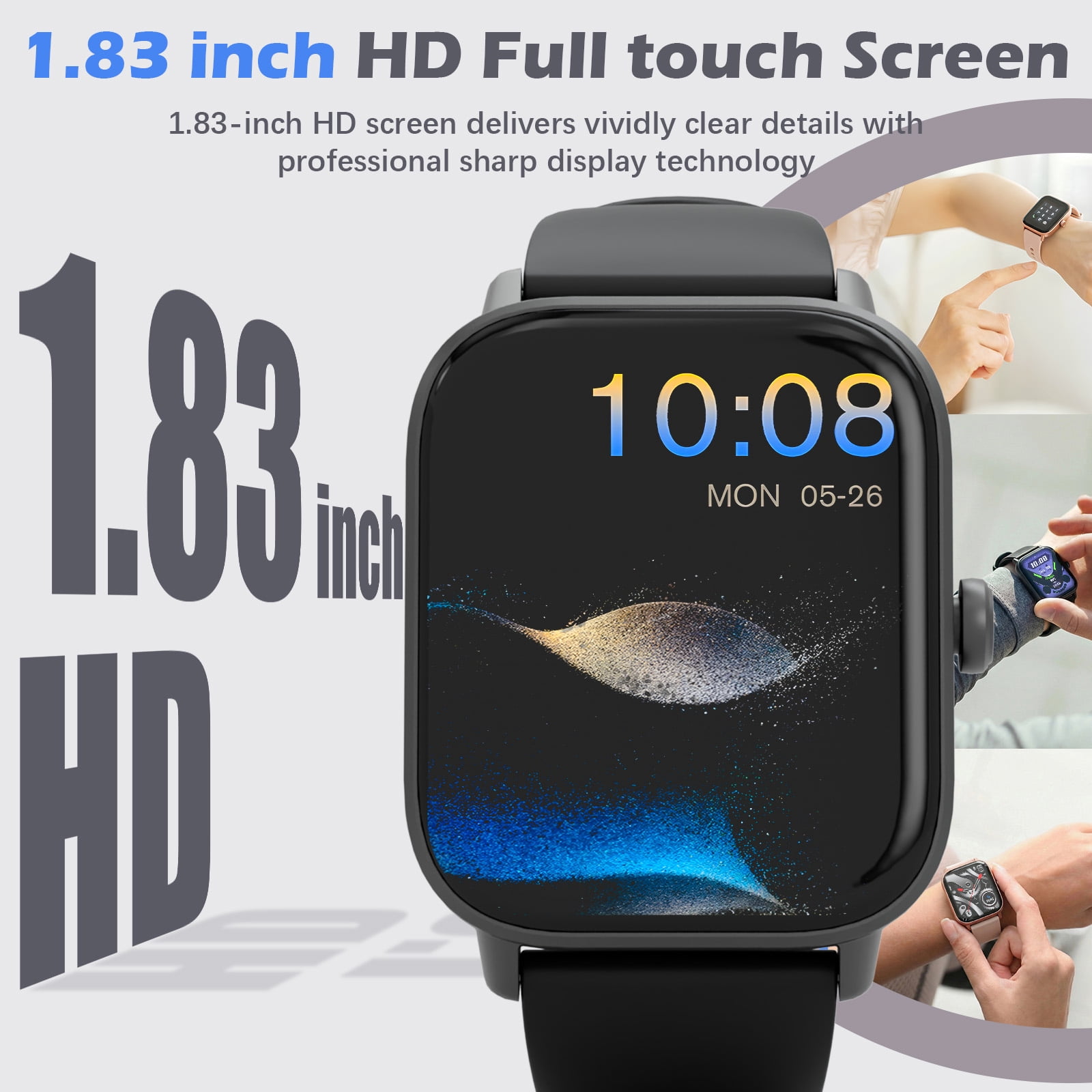 SANPTENT Smart Watch Compatible with Android and iPhone, 1.83" HD Touchscreen, Answer/Make Calls/100+ Sports Modes/Message Reminder, IP68 Waterproof, Black
