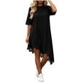 thumbnail image 2 of Karymi Casual Solid T-Shirt Dress, Round Neck Half Sleeve Loose Swing Dress with Asymmetrical Lace Hem, Summer High-Low Flowy Dress Plus Size Dresses, 2 of 6