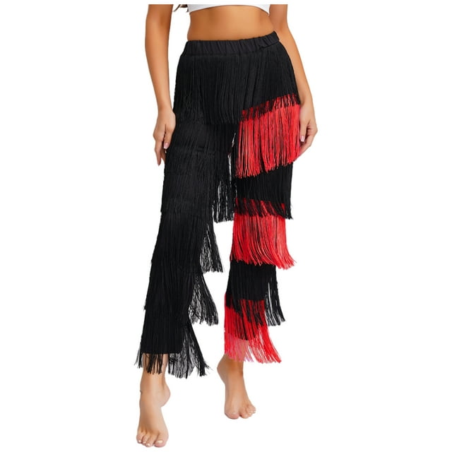LiiYii Women's Fringe Latin Ballroom Dance Pants Salsa Tango Samba Rumba Dance Performance Black&Red M