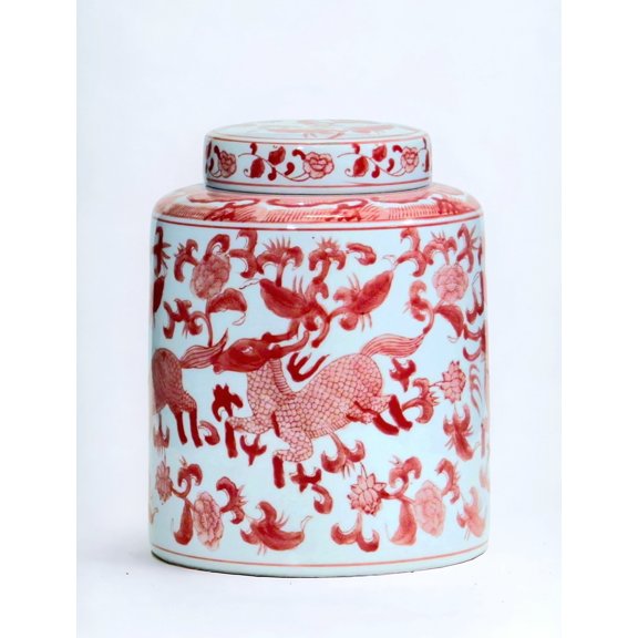 AA Importing AAI 10" Ginger Jar, Chinoiserie Deer Design, Red and White