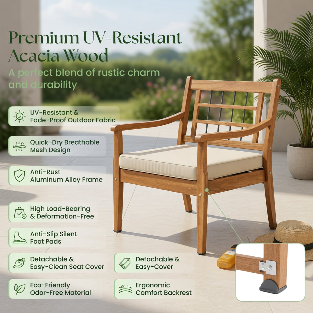 Hommoo 3-Piece Acacia Wood Patio Furniture Set, Outdoor Chair Set with Ergonomic Slatted Design & Matching Coffee Table for Backyard, Poolside, Balcony, White
