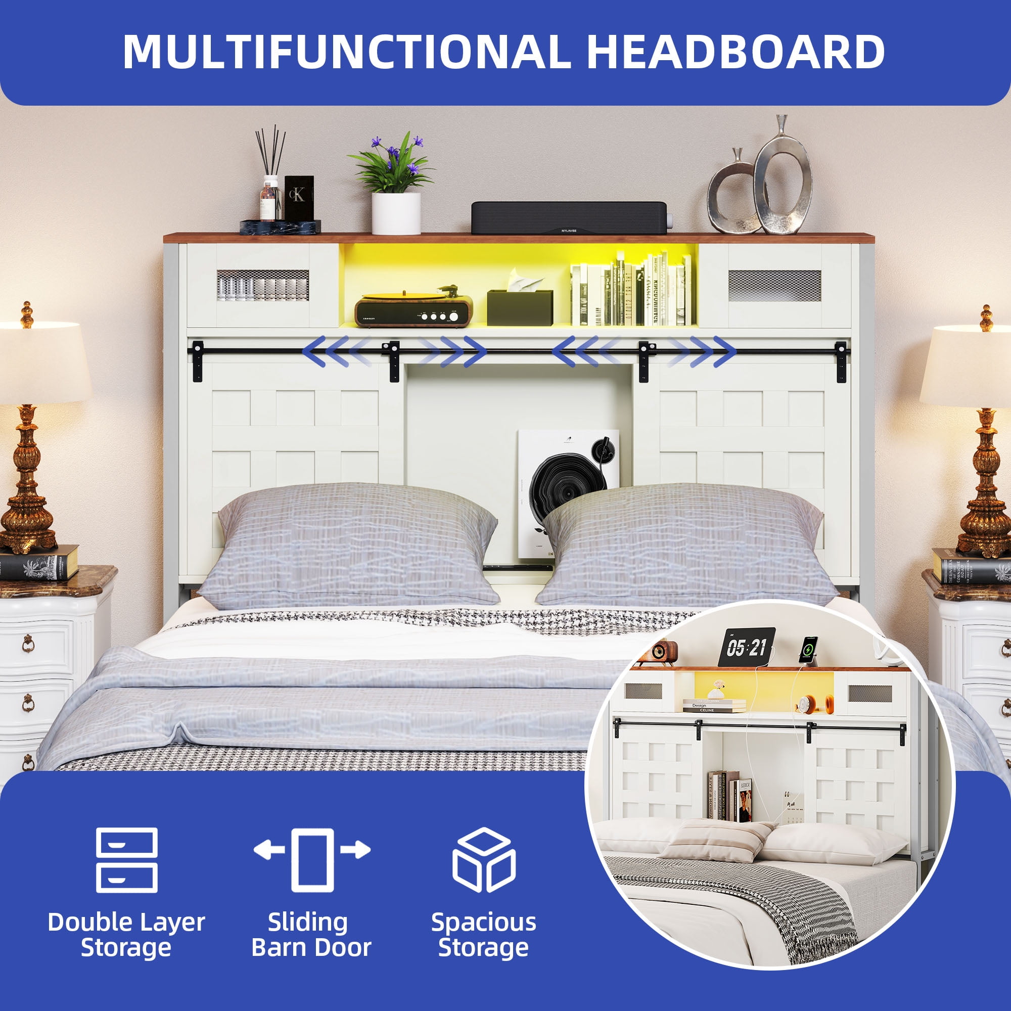 ModFusion Queen Size Bed Frame with Grid Barn Door Headboard Storage, LED Light Strip & USB Ports, White