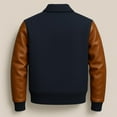 thumbnail image 2 of HIDE CRAFTS Varsity Baseball Letterman Jacket, blue Wool with brown Leather Sleeves (US, Alpha, Large, Regular, Regular, Blue and Brown), 2 of 3