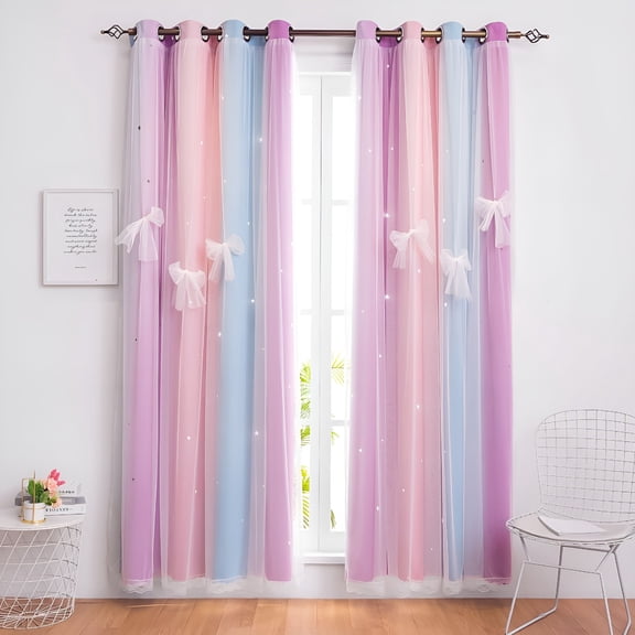 AUQ 2026 New Blackout Curtains for Girls Kids Bedroom,Colorful Double Layer Star Cut Out Curtains for Girls Room Nursery Home Decor Pink Blackout Curtains,52''X 63'',1 Panel