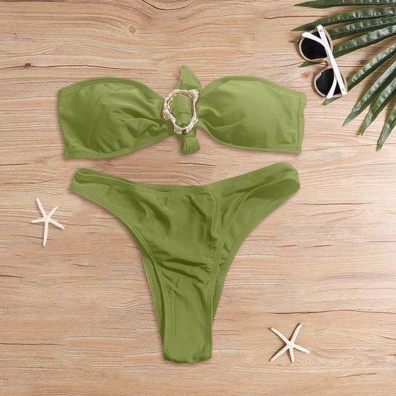 Daznico Women's Bandeau Bikini Set, Strapless O-Ring Top with High Cut Bottoms,L
