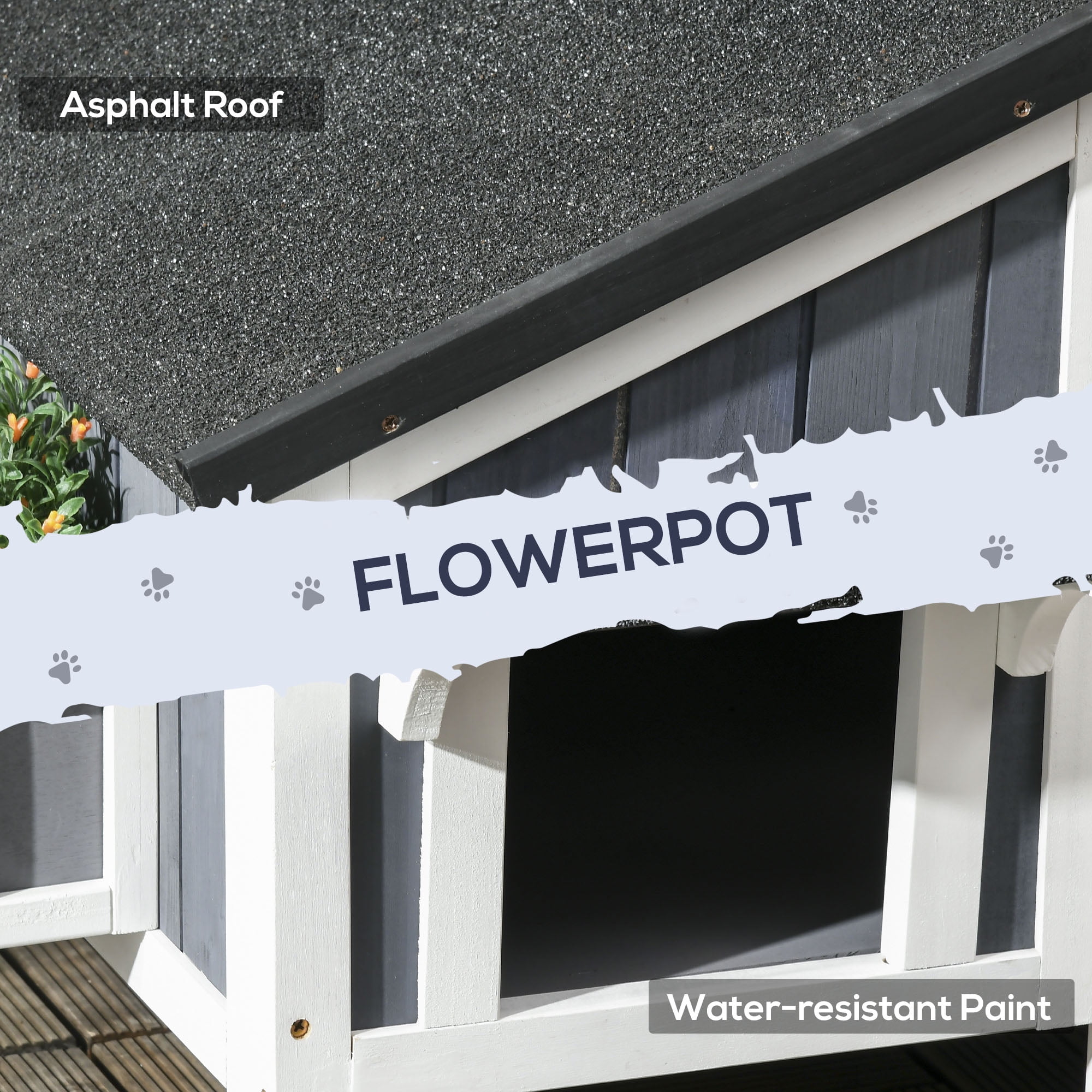 PawHut Outdoor Cat House w/ Flower Pot, Weather Resistant Roof, Window