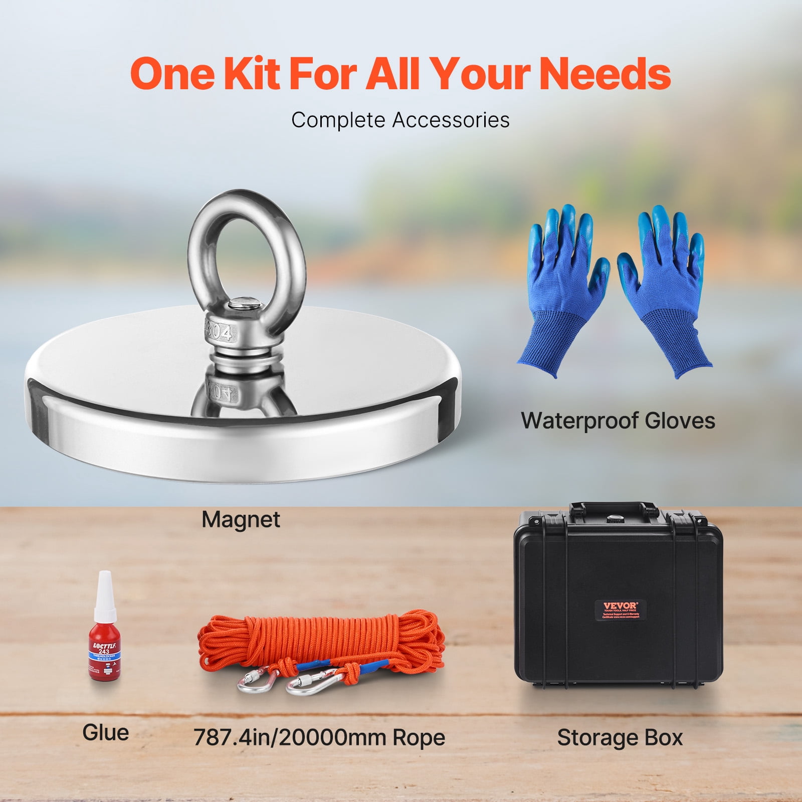 VEVOR Magnet Fishing Kit, 2000 LBS/907 Kg Single-Sided Pulling Force Magnet Fishing Kit, Rare Earth Neodymium Magnetic Fishing Kit Includes Grappling Hook, Heavy Duty Rope, Gloves, Eyebolt, Case