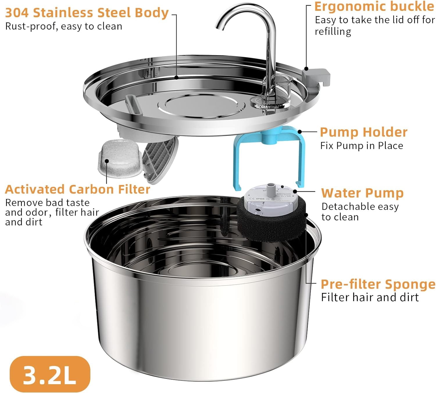 Cat Water Fountain Stainless Steel, 108oz/3.2L Automatic Cat Fountain, Dog Water Dispenser, Super Silen, Multi-Filtration. Dishwasher Safe for Cats, Dogs, Multiple Pets(with 4Pcs Replacement Filter)