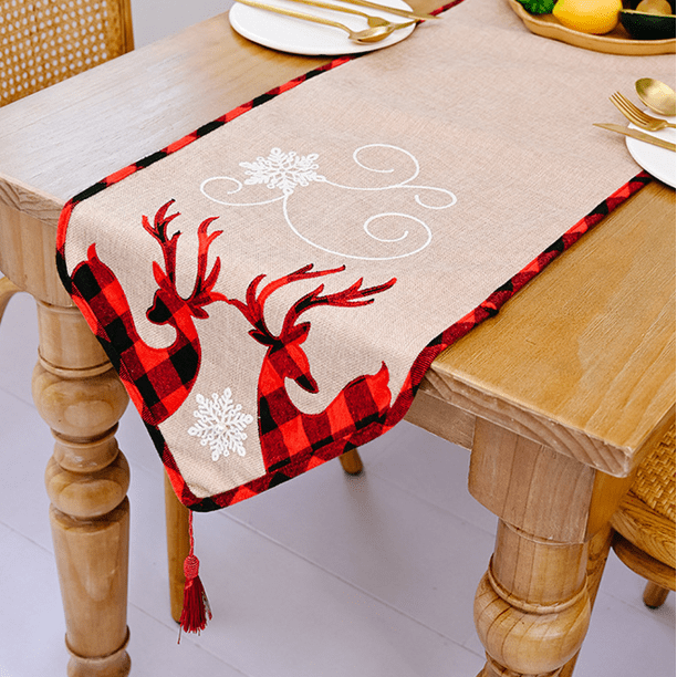 Mantel Rectangular de Navidad Poliéster 35 * 180 m Patrones de árboles de Navidad para la decoración de la Mesa de Navidad, Mantel de Navidad Impreso Mantel Absorbente Decoración de Año Nuevo (Ciervo)