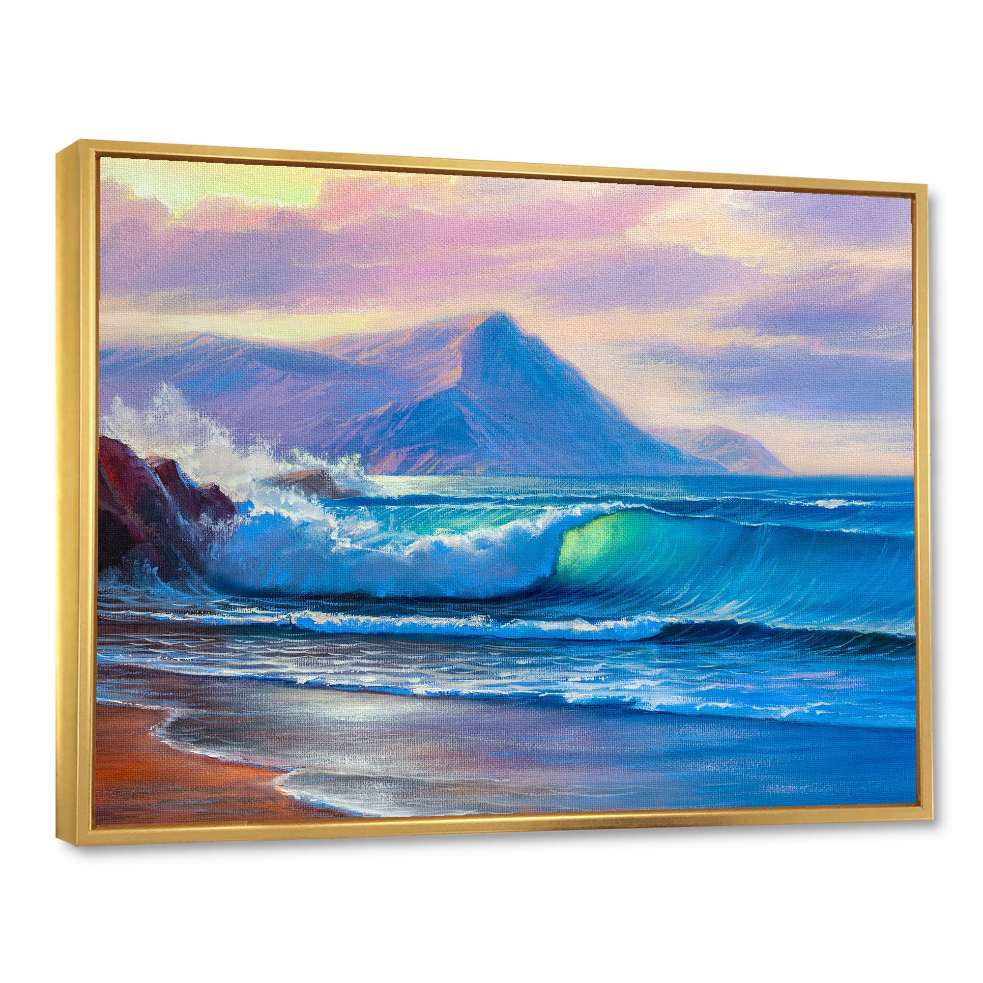 Designart 'Blue Waves Breaking At The Beach Landscape I' Nautical & Coastal Framed Canvas Wall Art Print