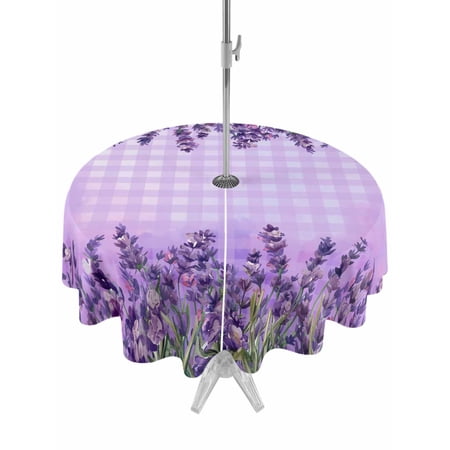 Outdoor Tablecloths with Umbrella Hole & Zipper Purple Lavender Round Tablecloths 60 Inch Spring Watercolor Wildflowers Plant Plaid Waterproof Table Cloth Patio/Pool/Picnic Table Covers