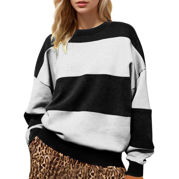 Fayshow0 Women Classic Striped Oversized Crewneck Dupes Color Block Long Sleeve Casual Sweatshirt Loose Pullover,White XL