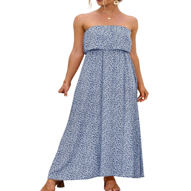 LNGOOR Robe Longue Maxi Bohème à Volants pour Femmes, Sans Bretelles, Ligne A, Fendue, Haut Tube