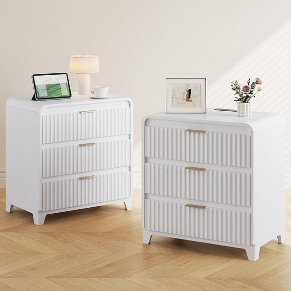 VNT 2 Set of 15.6" Wide Fluted Nightstand with Charging Station,Modern Wood Bedside Table with 3 Drawers, End Table for Bedroom Living Room Office, White