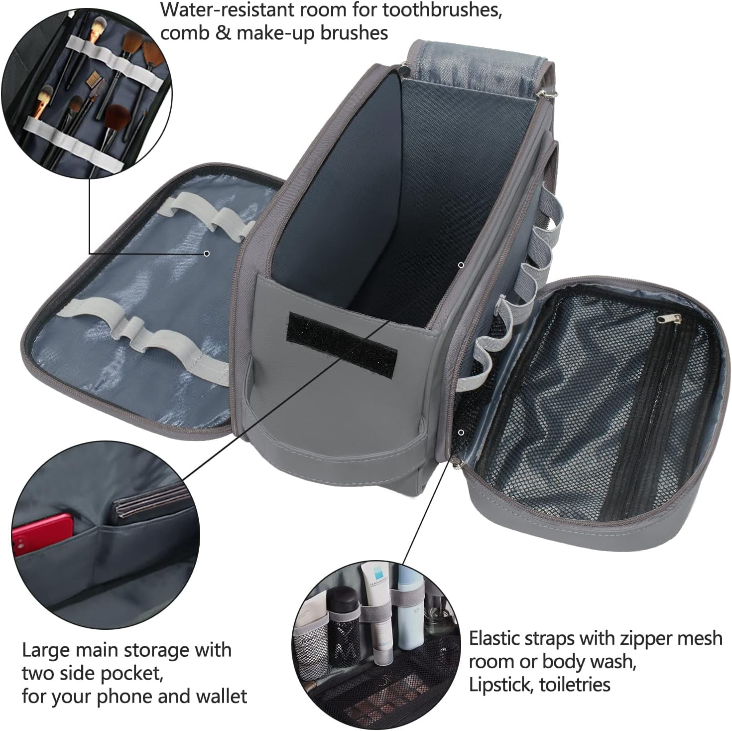 Large Capacity Toiletry Bag for Men, Leather Hanging Toiletry Organizer Cosmetics Makeup Bag, Gray
