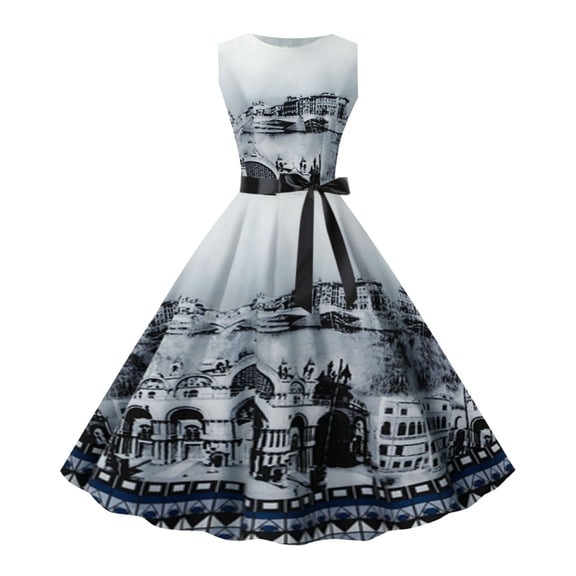 DHFJKG Women's Vintage Dress 1950s Retro Sleeveless Swing Party Dress Crewneck Flowy A Line Midi Belted Trendy Dresses