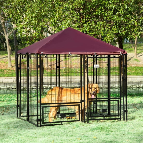 Pet Playpen PawHut 5' x 5' x 5' Dog Kennel Outdoor with Rotating Bowl Holders, Walk-in Pet Playpen, Welded Wire Steel Dog Fence with Water-and UV-Resistant Canopy, Black and Red,Guinea Pig Cage
