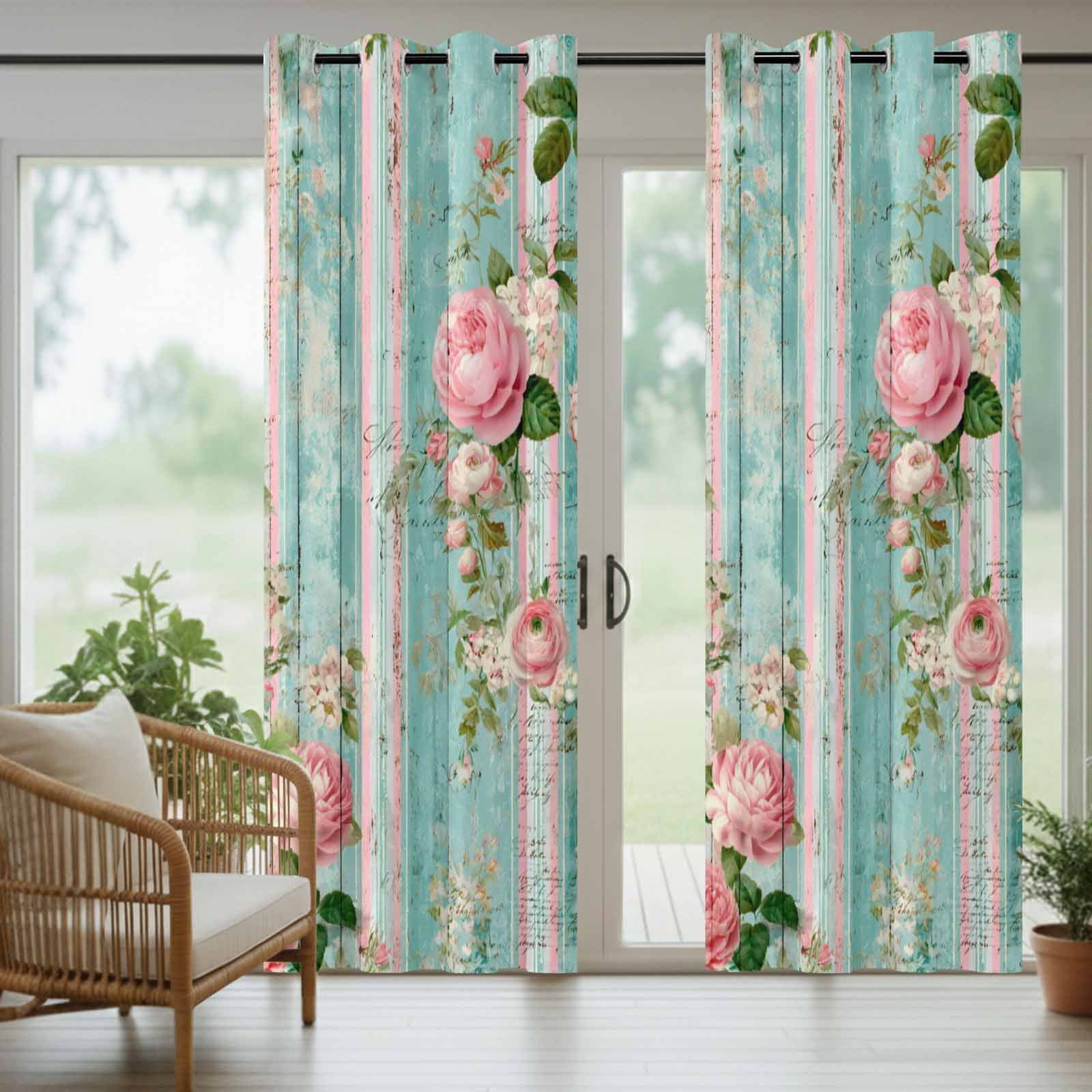 Rustic Pink Roses Outdoor Curtains for Patio, Botanical Leaves Wood Grain Vintage Sunshade Privacy Drapes Grommet Waterproof Outside Curtains for Porch/Cabana/Balcony 54"x 108", 1 Panel