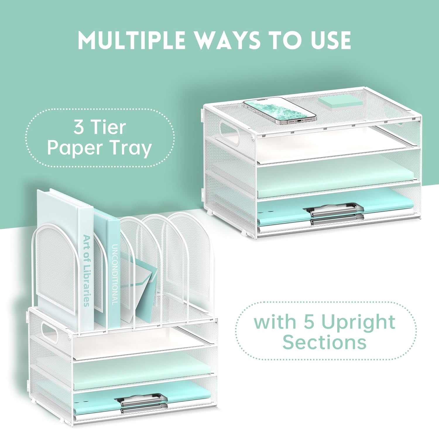 INTIGE Desk Organizer with Vertical File Holder, 3 Tier Desktop Organizer with 5 File Folder Holders and Handles, Metal Mesh File Organizers and Accessories for Home Office Organization